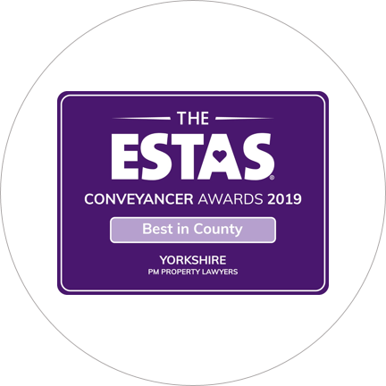 An award sticker showing PM Property Lawyers achieving the "best in the county" title for the ESTAS conveyancer awards 2019.