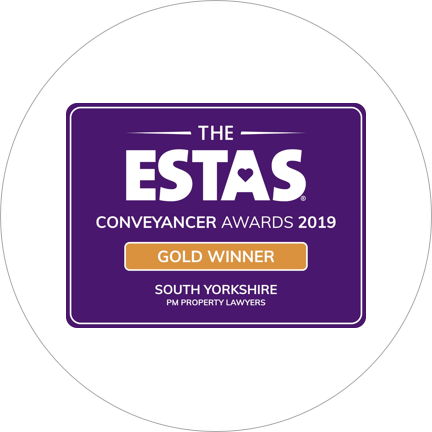 An award sticker showing PM Property Lawyers achieving the "gold winner" title for the ESTAS conveyancer awards 2019.