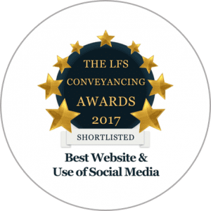 An award sticker showing PM Property Lawyers being shortlisted for the "Best Website & Use of Social Media" award for the LFS Conveyancing Awards 2017.