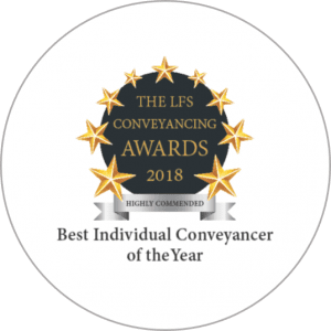 An award sticker showing PM Property Lawyers achieving the "Best Individual Conveyancer of the Year Highly Commended" title for the LFS Conveyancing Awards 2018.