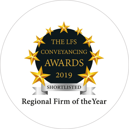 An award sticker showing PM Property Lawyers being shortlisted for the "Regional Firm of the Year" award for the LFS Conveyancing Awards 2019.