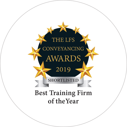 An award sticker showing PM Property Lawyers being shortlisted for the "Best Training Firm of the Year" award for the LFS Conveyancing Awards 2019.