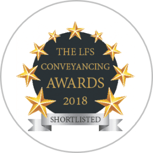 An award sticker showing PM Property Lawyers being shortlisted for the LFS Conveyancing Awards 2018.