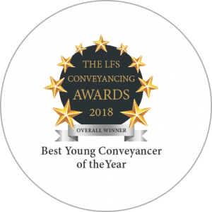 An award sticker showing PM Property Lawyers achieving the "Best Young Conveyancer of the Year Winner" title for the LFS Conveyancing Awards 2018.