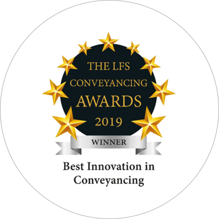 An award sticker showing PM Property Lawyers achieving the "Best Innovation in Conveyancing Winner" title for the LFS Conveyancing Awards 2019.