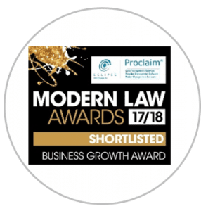 An award sticker showing PM Property Lawyers being shortlisted for the "business growth award" title for the Modern Law Awards 2017.