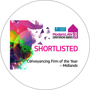 An award sticker showing PM Property Lawyers being shortlisted for the "national conveyancing firm of the year" title for the Modern Law Conveyancing Awards 2018.