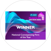 An award sticker showing PM Property Lawyers achieving the "national conveyancing firm of the year winner" title for the Modern Law Conveyancing Awards 2019.