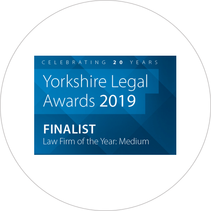 An award sticker showing PM Property Lawyers achieving the "finalist law firm of the year" title for the Yorkshire Legal Awards 2019.