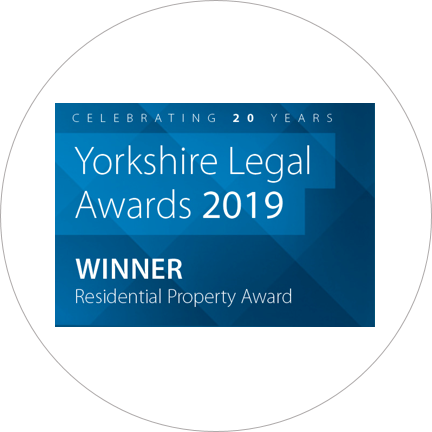 An award sticker showing PM Property Lawyers achieving the "residential property award winner" title for the Yorkshire Legal Awards 2019.