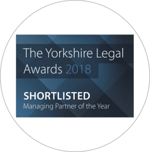 An award sticker showing PM Property Lawyers being shortlisted for the "Managing Partner of the Year" title for the Yorkshire Legal Awards 2018.