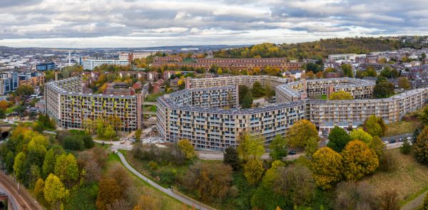 An aerial view of large apartment complexes in Sheffield pictured on a cloudy day.